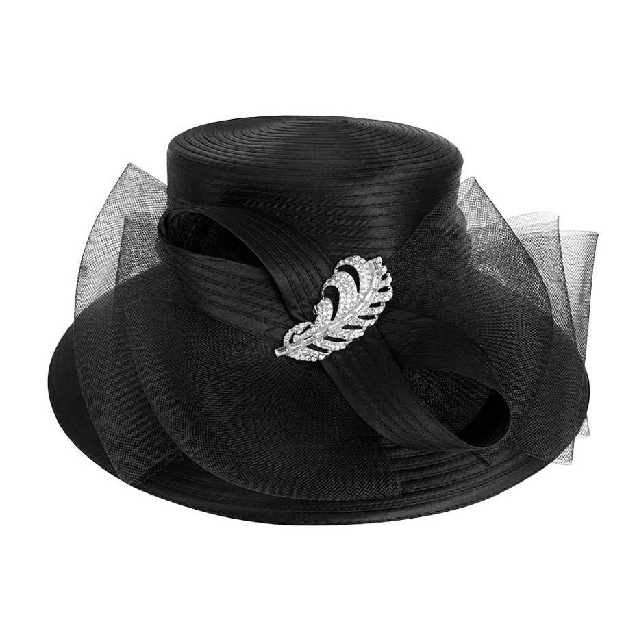 Rhinestone Embellished Feather Accented Mesh Bow Dressy Hat - Madeline Love - Flyclothing LLC