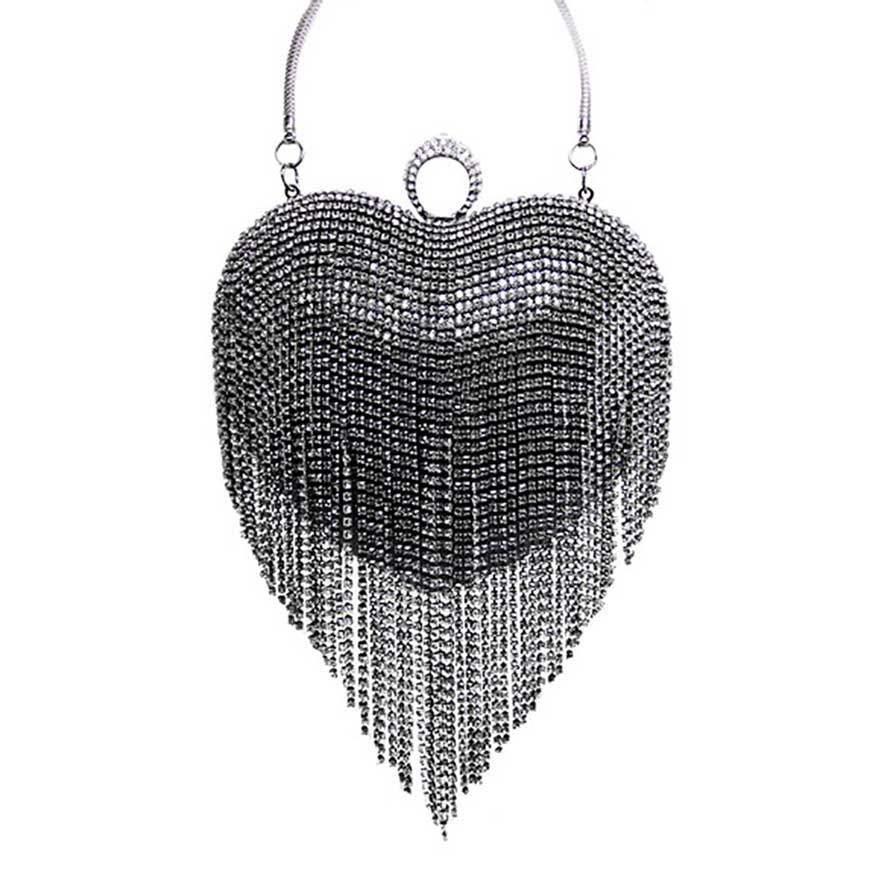Rhinestone Fringe Heart Evening Tote Clutch Crossbody Bag - Madeline Love - Flyclothing LLC