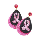 Round Stone Bling Pink Ribbon Accented Teardrop Earrings - Madeline Love - Flyclothing LLC