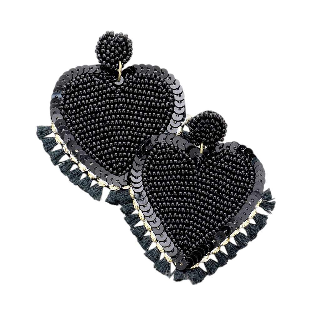 Seed Bead Heart Tassel Trim Earrings - Madeline Love - Flyclothing LLC