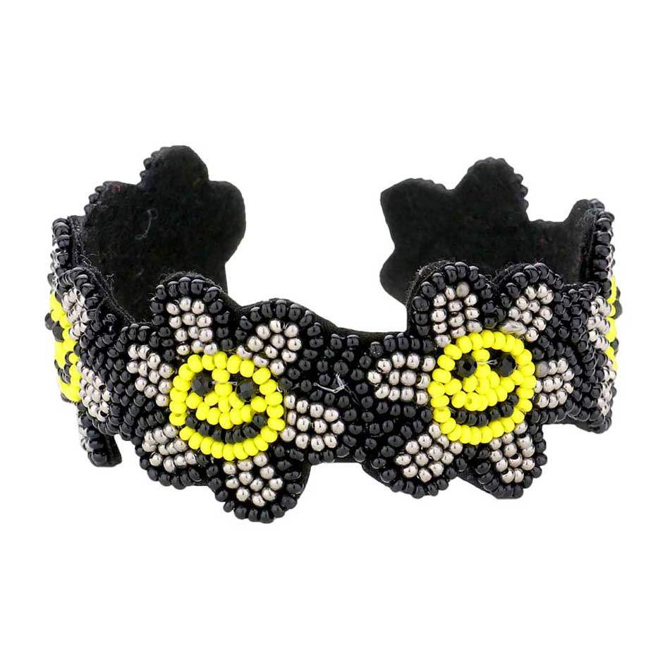 Seed Beaded Smile Flower Cuff Bracelet - Madeline Love - Flyclothing LLC