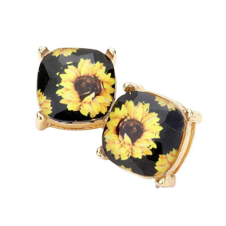 Sunflower Printed Square Stud Earrings - Madeline Love - Flyclothing LLC