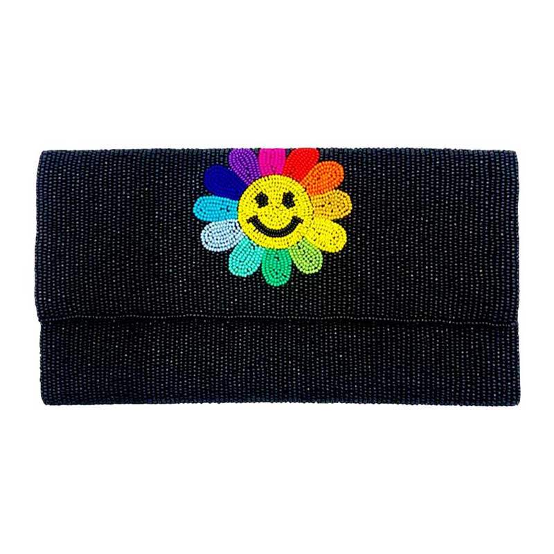 Smile Flower Accented Seed Beaded Clutch Crossbody Bag - Madeline Love - Flyclothing LLC