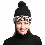 Solid Color Linked Leopard Accented Pom Pom Beanie Hats - Madeline Love - Flyclothing LLC