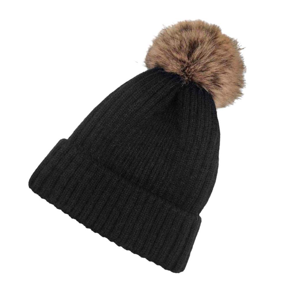 Solid Knit Faux Fur Pom Pom Beanie Hat - Madeline Love - Flyclothing LLC