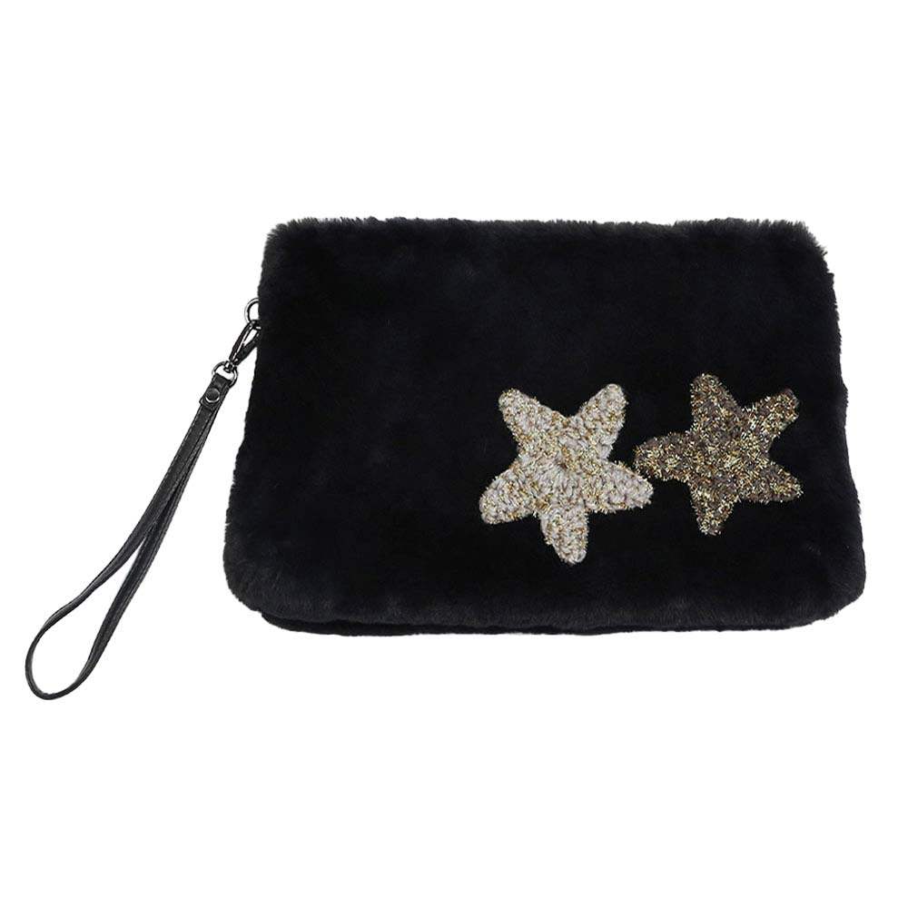 Star Patches Fuzzy Faux Fur Wristlet Clutch Bag - Madeline Love - Flyclothing LLC