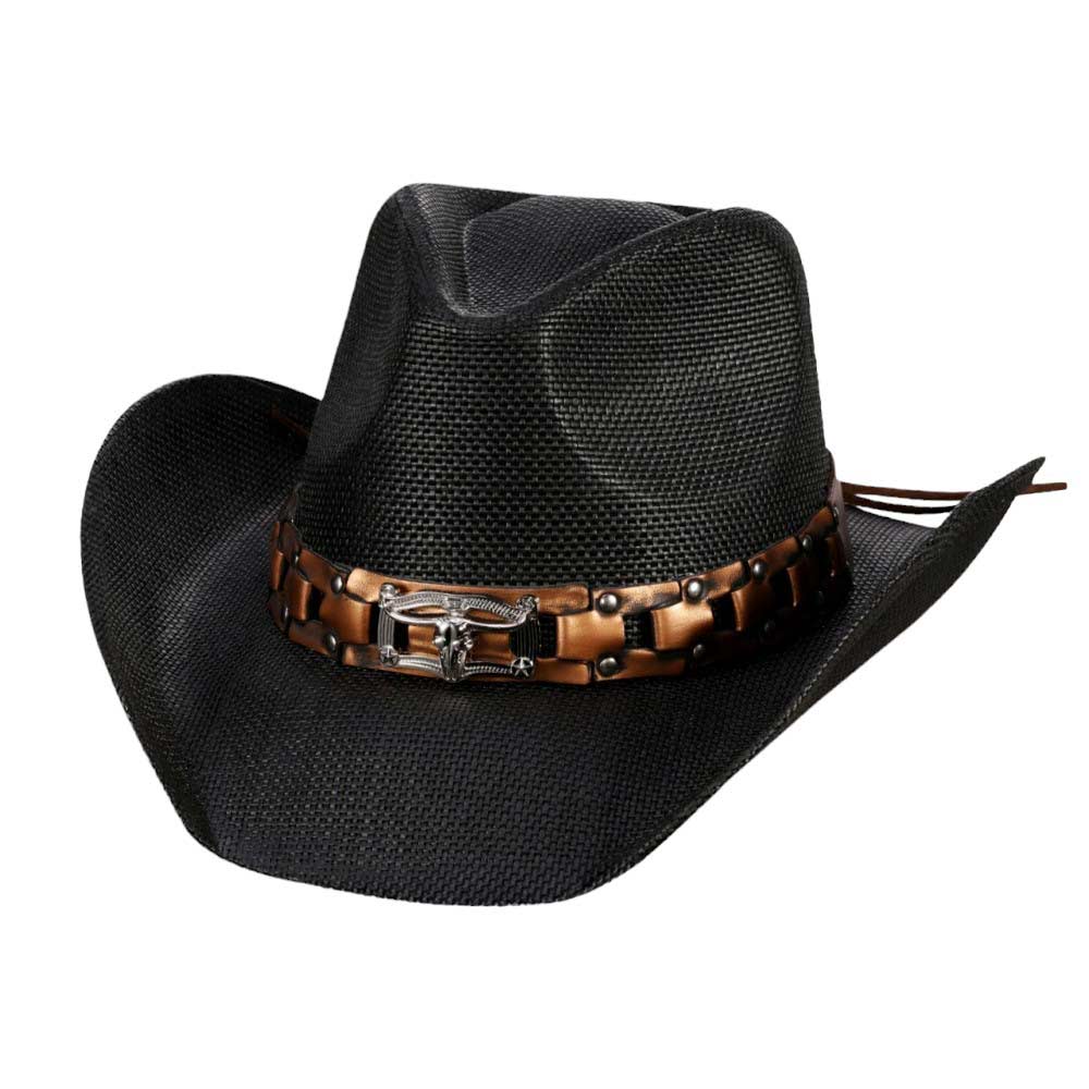 Steer Head Accented Faux Leather Band Straw Cowboy Hat - Madeline Love - Flyclothing LLC