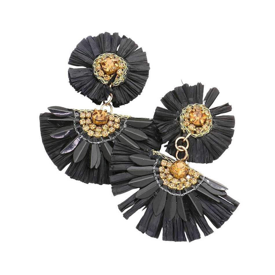 Stone Embellished Floral Raffia Link Dangle Earrings - Madeline Love - Flyclothing LLC