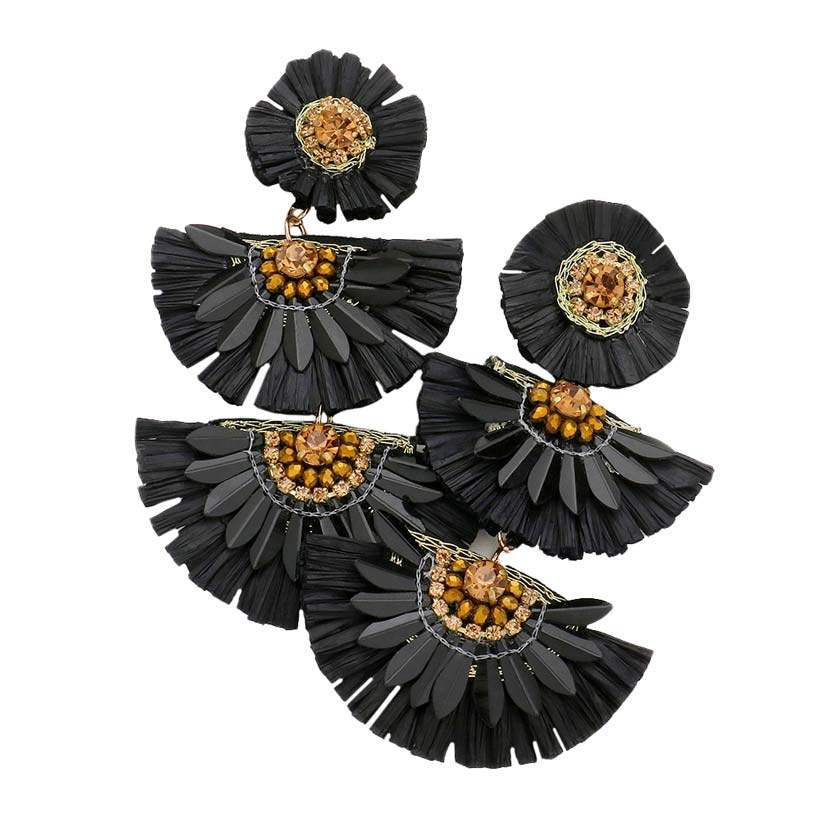 Stone Embellished Half Round Raffia Link Dangle Earrings - Madeline Love - Flyclothing LLC