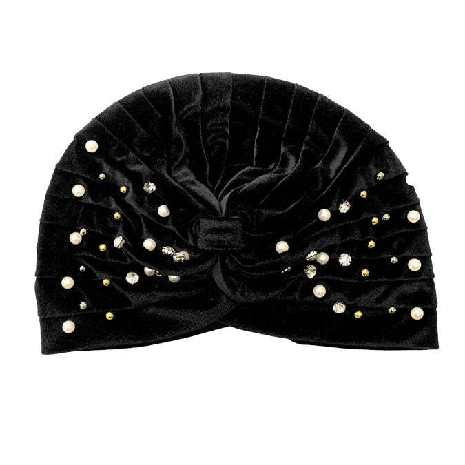 Stone Pearl Detailed Pleated Turban Beanie Hat - Madeline Love - Flyclothing LLC