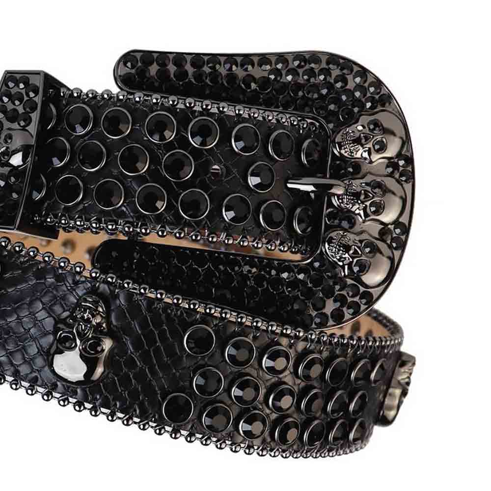 Black Strap With 7 Skulls Black Studded Rhinestone Belt - Rhinestone Belt Store - Flyclothing LLC
