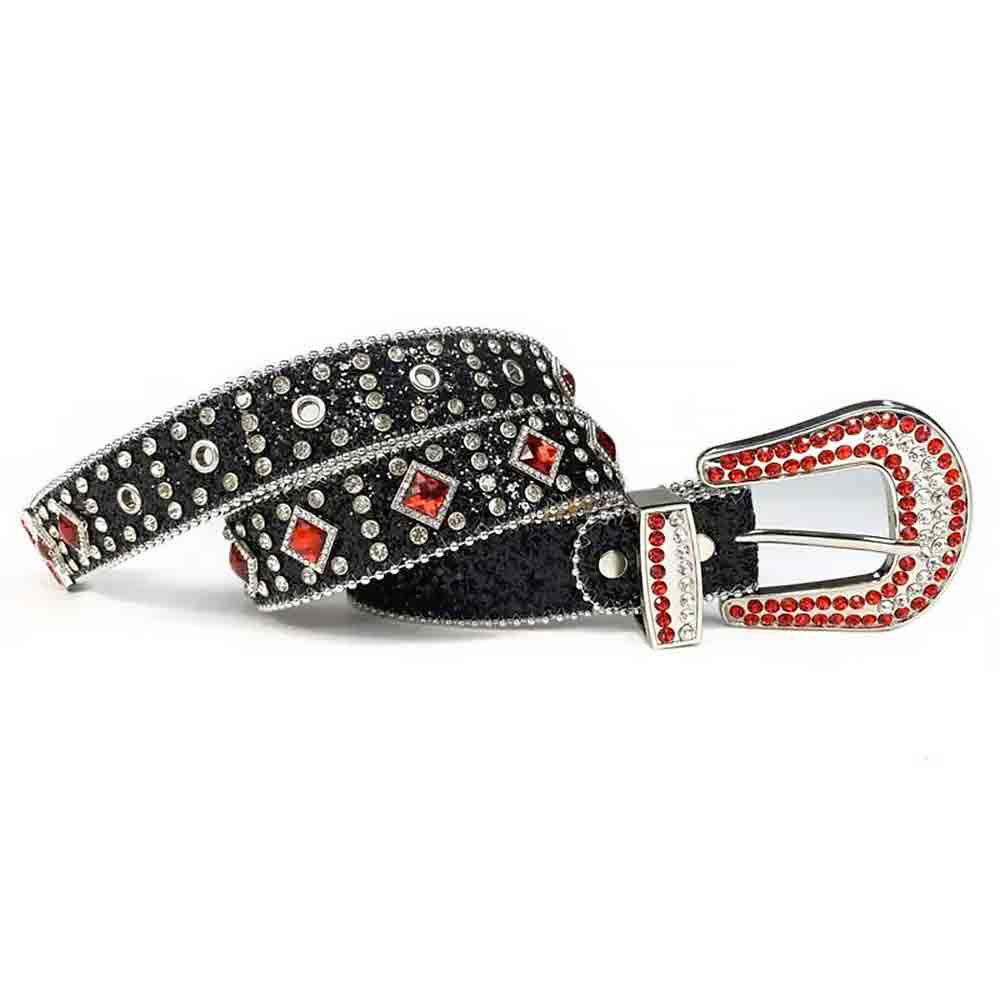 Black Strap With Big Red & Transparent Studded Rhinestone Belt - Rhinestone Belt Store - Flyclothing LLC