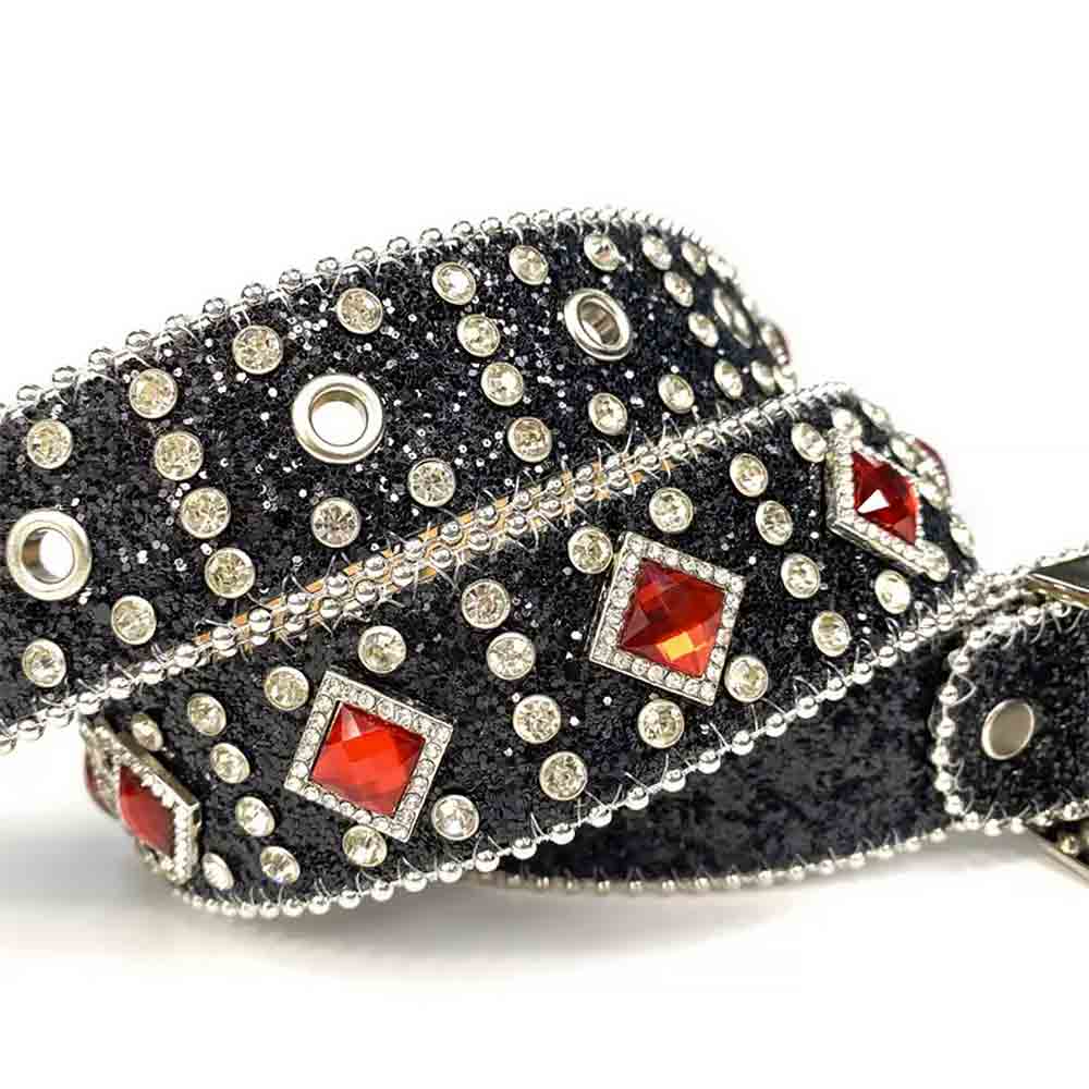 Black Strap With Big Red & Transparent Studded Rhinestone Belt - Rhinestone Belt Store - Flyclothing LLC