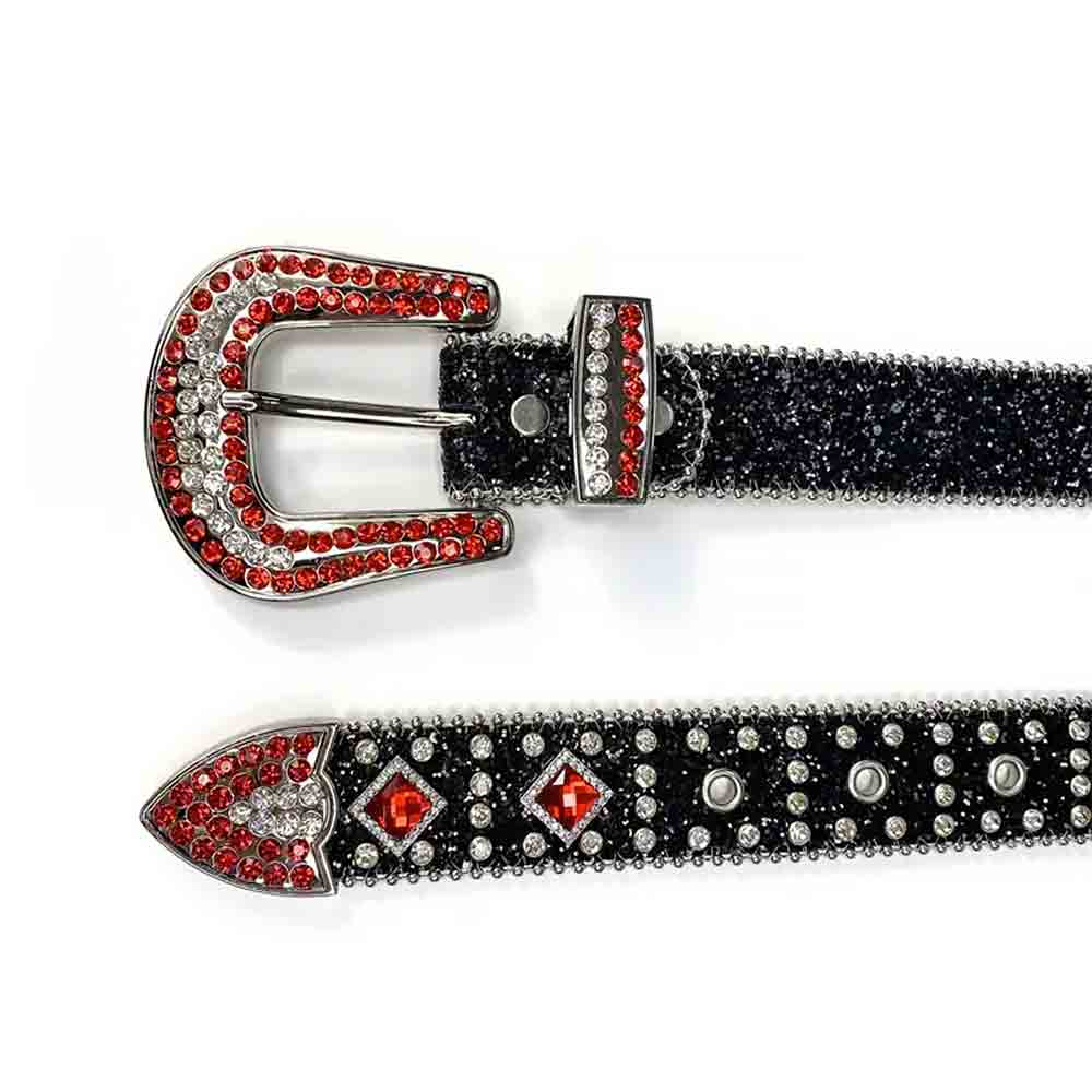 Black Strap With Big Red & Transparent Studded Rhinestone Belt - Rhinestone Belt Store - Flyclothing LLC