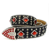 Black Strap With Big Red & Transparent Studded Rhinestone Belt - Rhinestone Belt Store - Flyclothing LLC