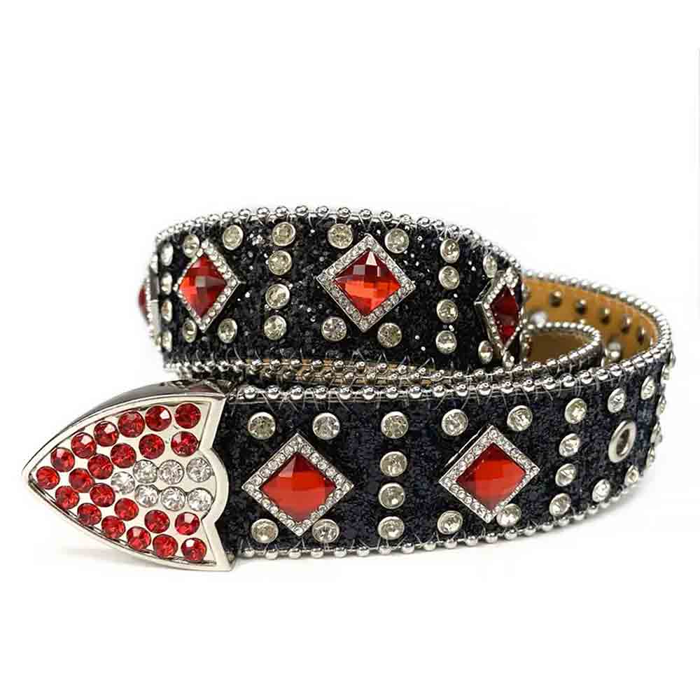Black Strap With Big Red & Transparent Studded Rhinestone Belt - Rhinestone Belt Store - Flyclothing LLC