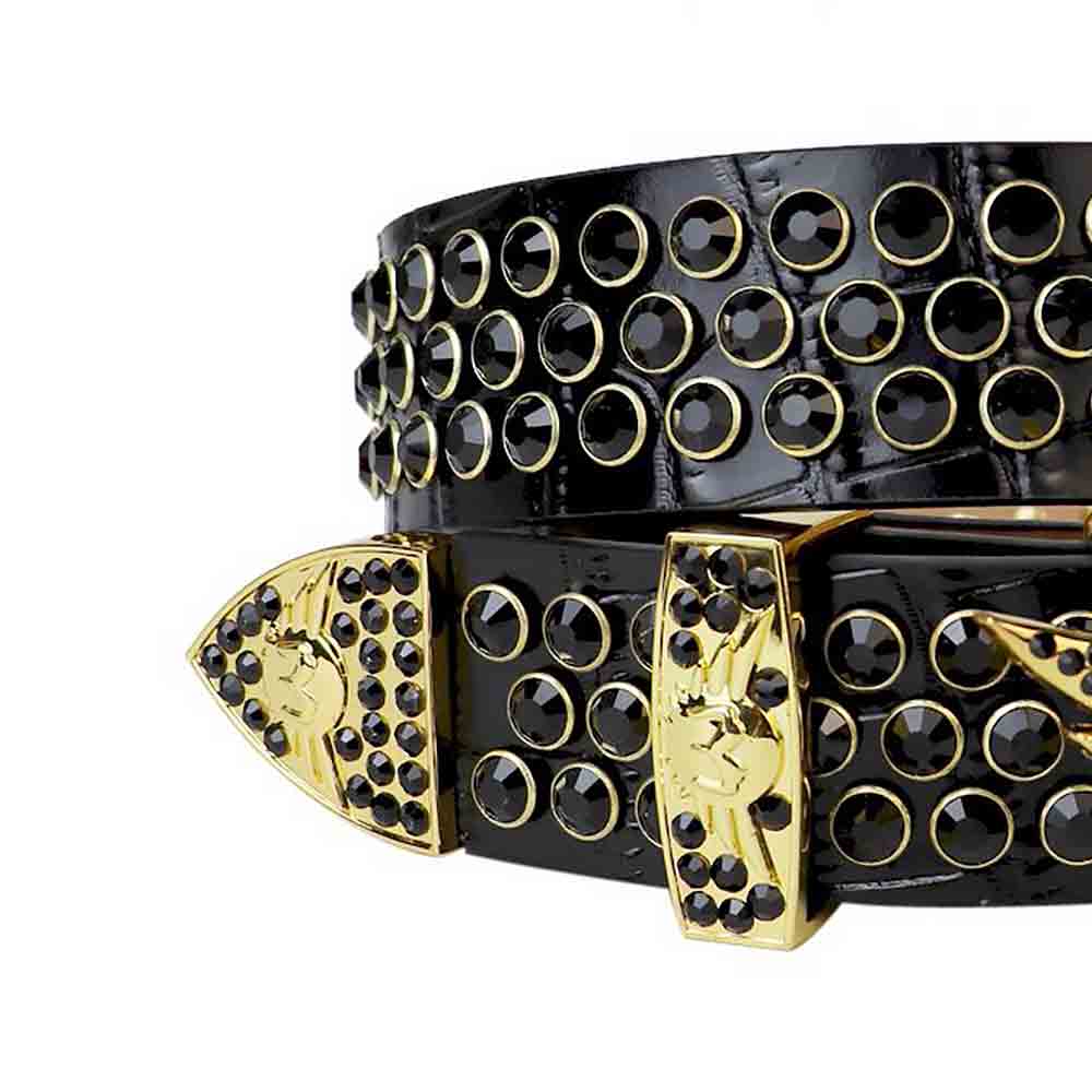 Black Strap With Black Studded Rhinestone Belt with Gold Wings Shaped Black Buckle - Rhinestone Belt Store - Flyclothing LLC