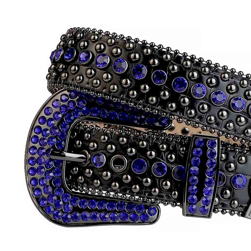 Black Strap With Black & Blue Studded Rhinestone Belt - Rhinestone Belt Store - Flyclothing LLC