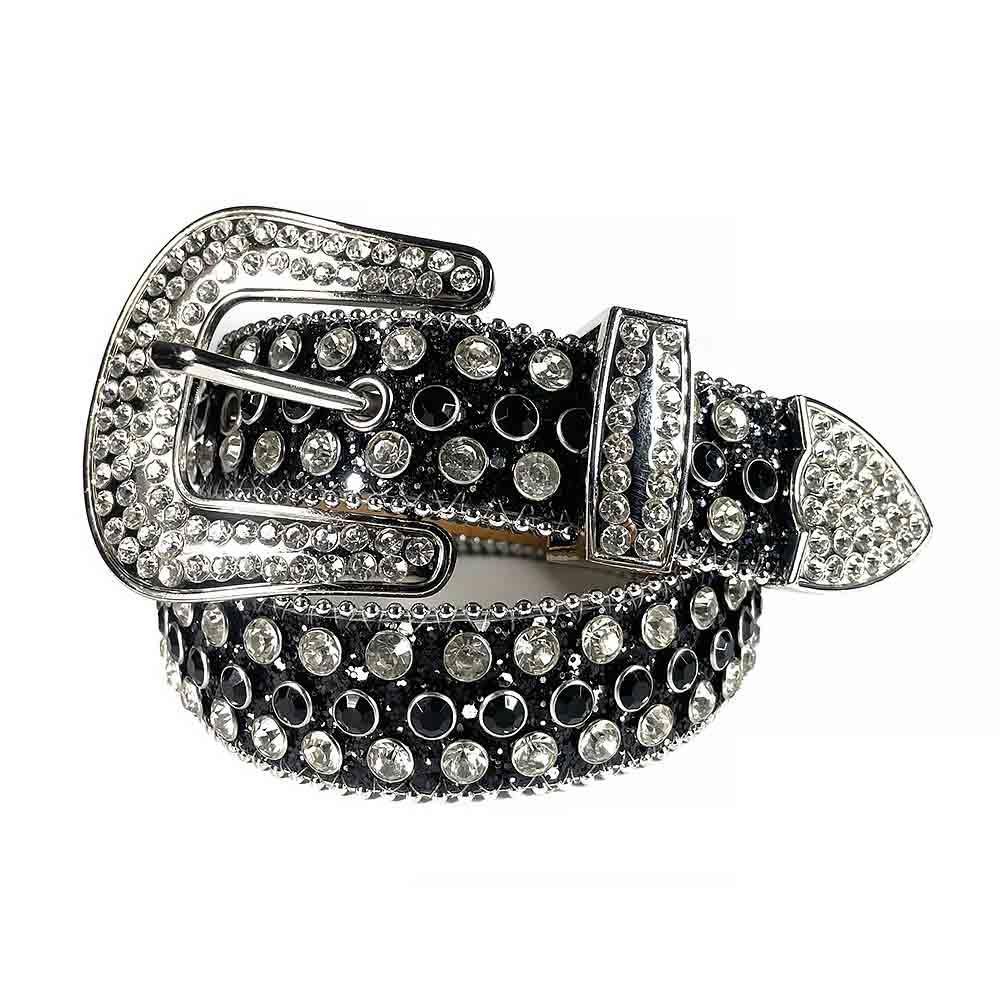 Black Strap With Black & Diamond White Studded Rhinestone BB Belt - Rhinestone Belt Store - Flyclothing LLC