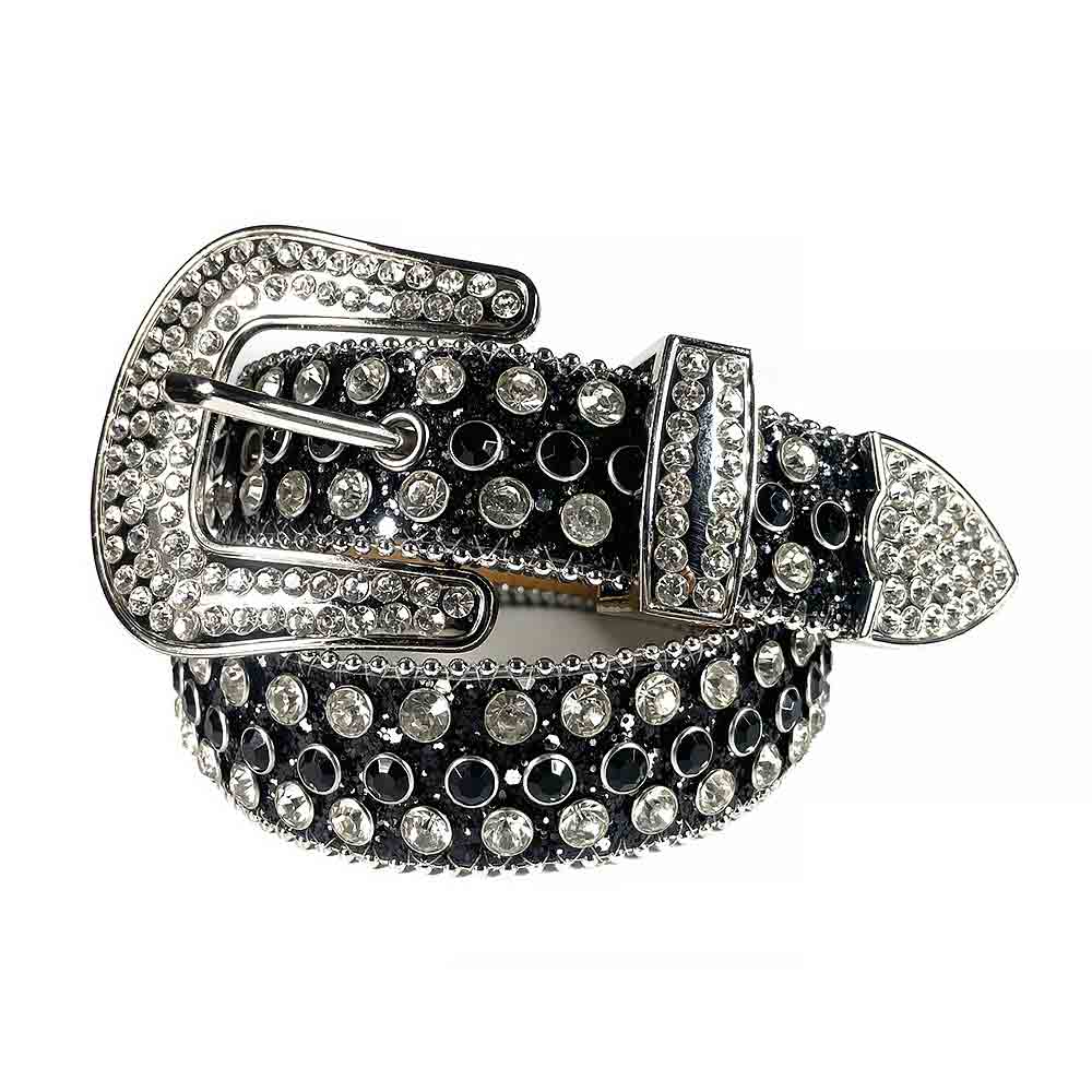 Black Strap With Black & Diamond White Studded Rhinestone BB Belt - Rhinestone Belt Store - Flyclothing LLC