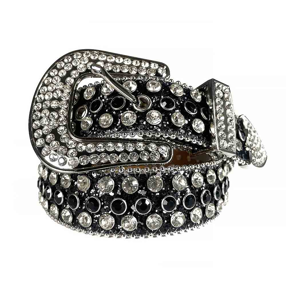 Black Strap With Black & Diamond White Studded Rhinestone BB Belt - Rhinestone Belt Store - Flyclothing LLC