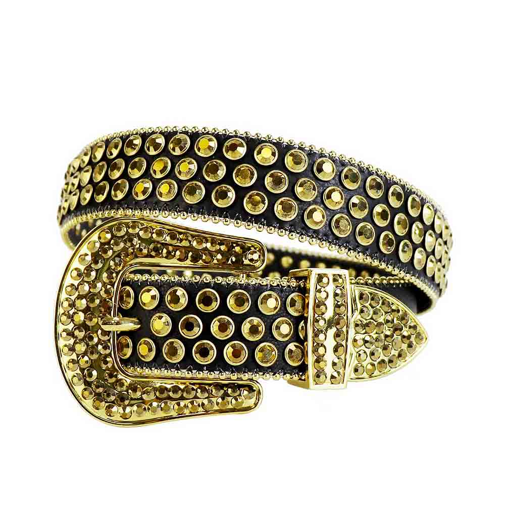 Black Strap With Black & Gold Studded Rhinestone Belt - Rhinestone Belt Store - Flyclothing LLC