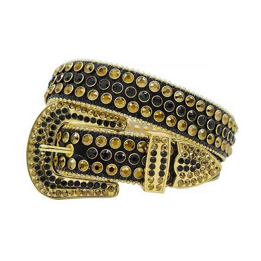 Black Strap With Black & Gold Studded Rhinestone Belt - Rhinestone Belt Store - Flyclothing LLC