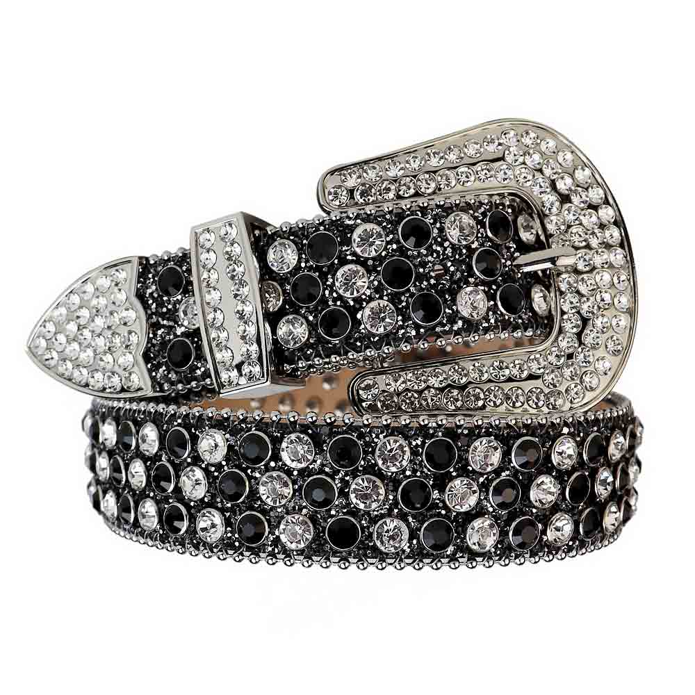 Black Strap With Black & White Studded Rhinestone Belt - Rhinestone Belt Store - Flyclothing LLC