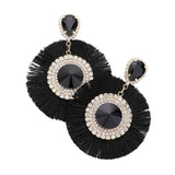 Teardrop Round Stone Accented Tassel Fringe Dangle Earrings - Madeline Love - Flyclothing LLC