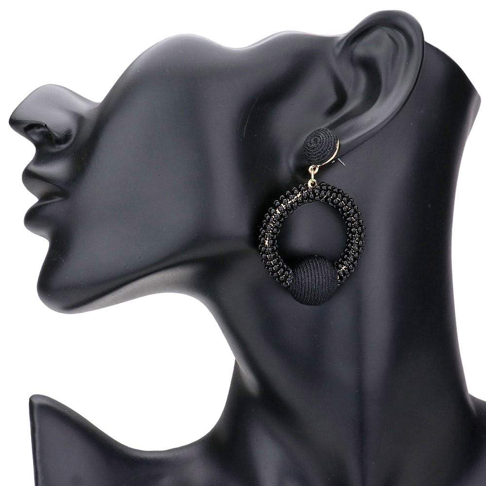 Thread Wrapped Ball Accented Beaded Open Circle Earrings - Madeline Love - Flyclothing LLC