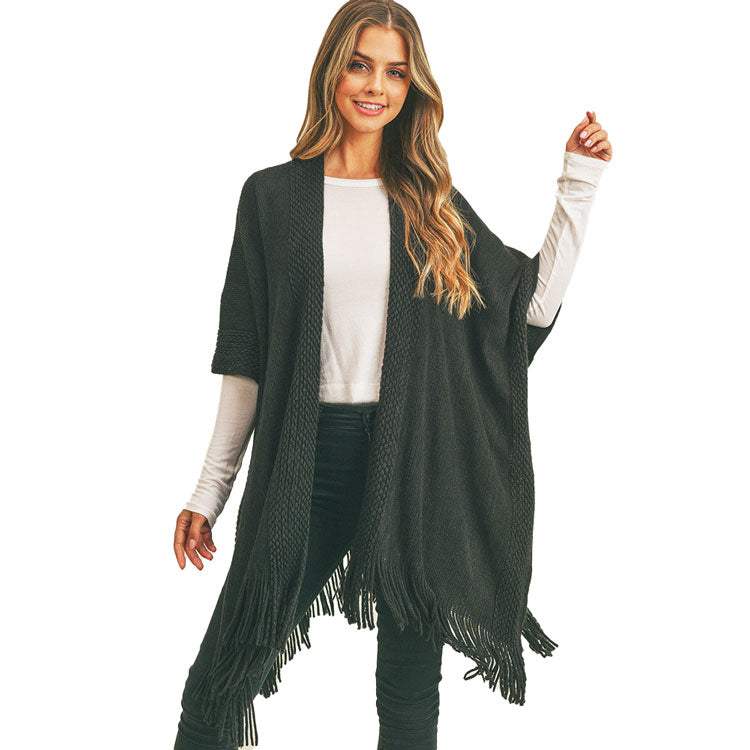 Trim Detail Fringe Kimono Poncho Wrap - Madeline Love - Flyclothing LLC
