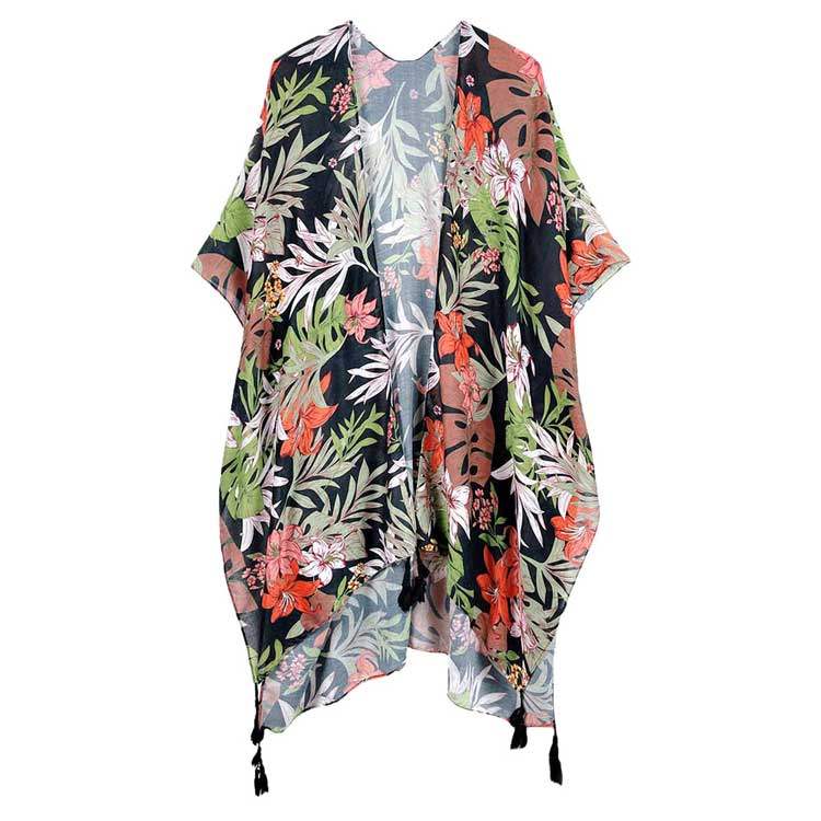 Tropical Leaf Flower Printed Cover Up Kimono Poncho - Madeline Love - Flyclothing LLC