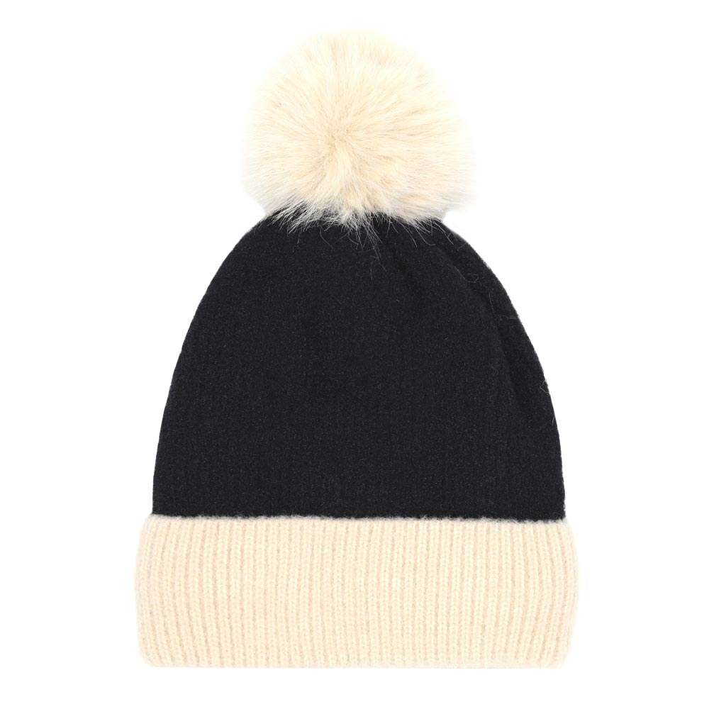 Two Tone Knit Pom Pom Beanie Hat - Madeline Love - Flyclothing LLC