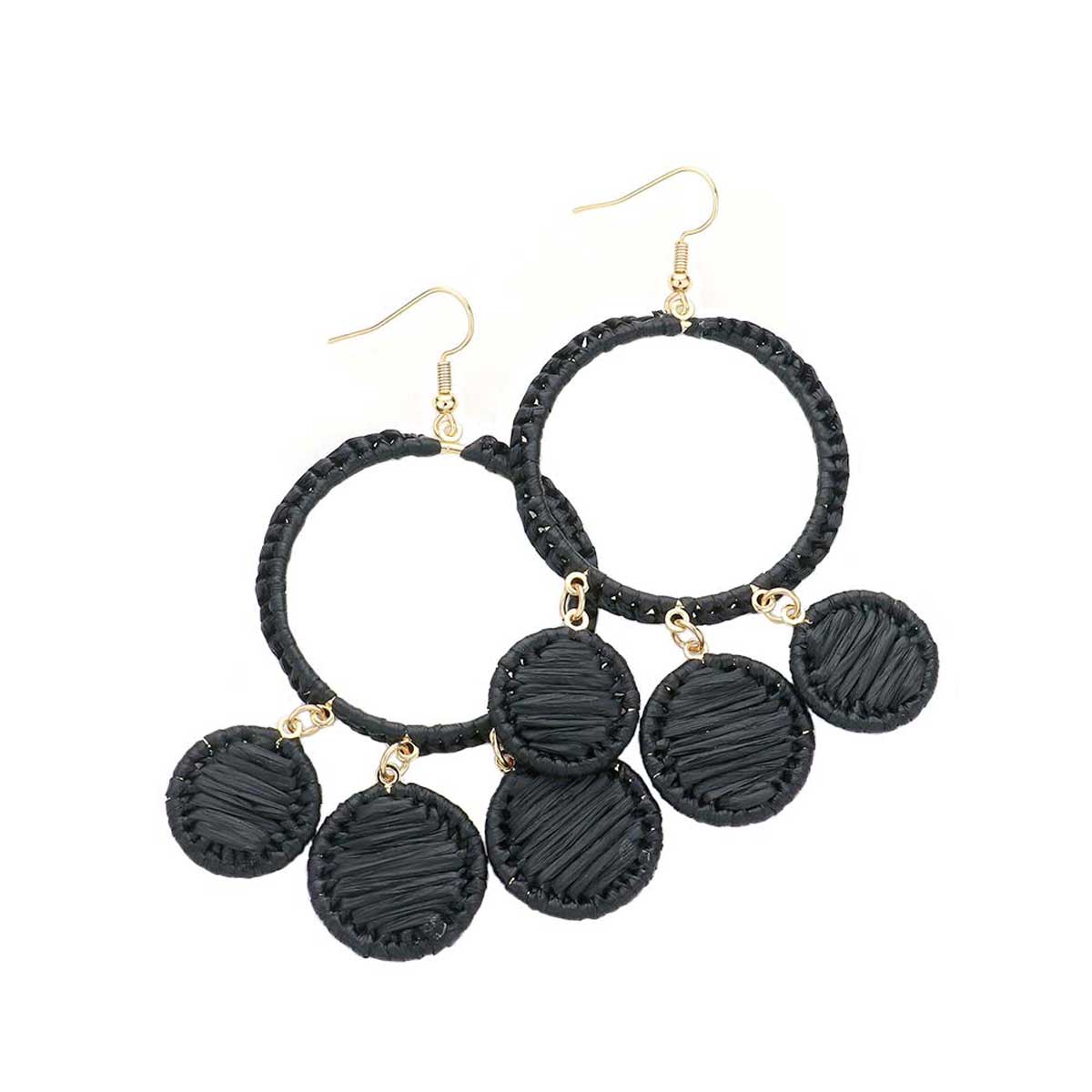 Woven Raffia Open Circle Triple Round Link Dangle Earrings - Madeline Love - Flyclothing LLC
