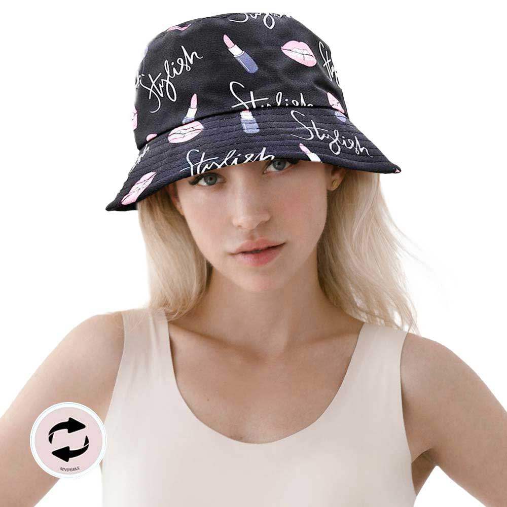 Stylish Message Lipstick Patterned Reversible Bucket Hat - Madeline Love - Flyclothing LLC