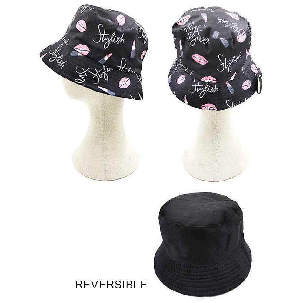 Stylish Message Lipstick Patterned Reversible Bucket Hat - Madeline Love - Flyclothing LLC
