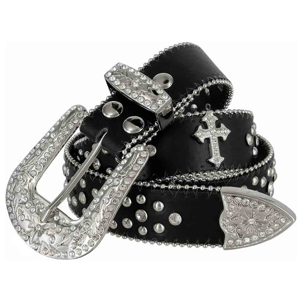 Black Cross Stones With Studs And White Stones Studded Rhinestones Belts - Rhinestone Belt Store - Flyclothing LLC