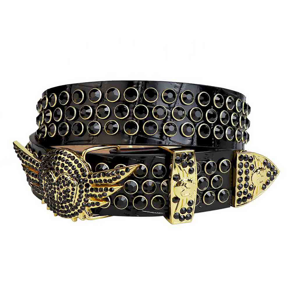 Black Strap With Black Studded Rhinestone Belt with Gold Wings Shaped Black Buckle - Rhinestone Belt Store - Flyclothing LLC