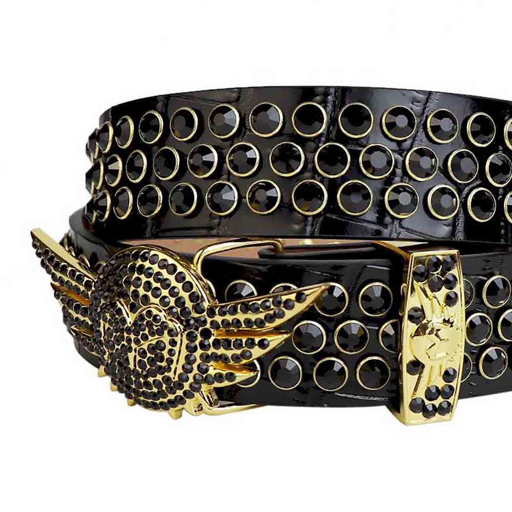 Black Strap With Black Studded Rhinestone Belt with Gold Wings Shaped Black Buckle - Rhinestone Belt Store - Flyclothing LLC