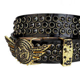 Black Strap With Black Studded Rhinestone Belt with Gold Wings Shaped Black Buckle - Rhinestone Belt Store - Flyclothing LLC