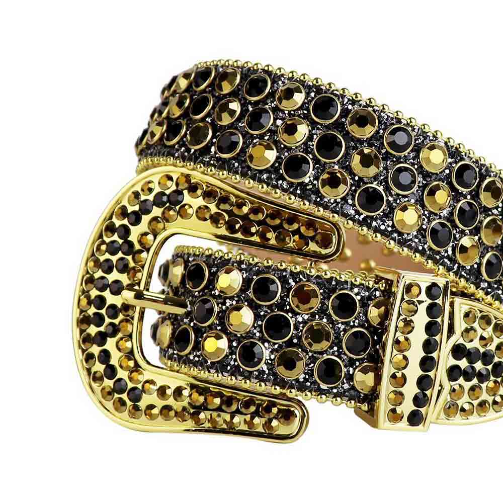 Black Strap With Black & Gold Studded Rhinestone Belt - Rhinestone Belt Store - Flyclothing LLC