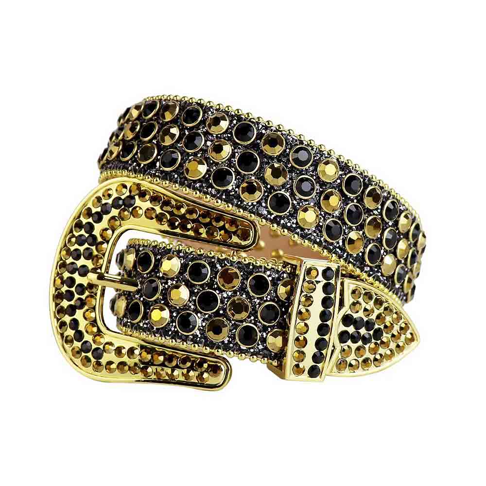 Black Strap With Black & Gold Studded Rhinestone Belt - Rhinestone Belt Store - Flyclothing LLC