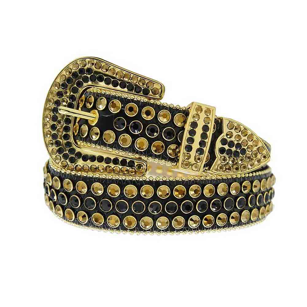 Black Strap With Black & Gold Studded Rhinestone Belt - Rhinestone Belt Store - Flyclothing LLC