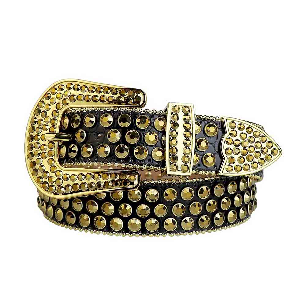 Black Strap With Black & Gold Studded Rhinestone Belt - Rhinestone Belt Store - Flyclothing LLC