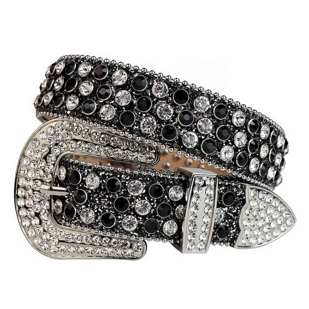 Black Strap With Black & White Studded Rhinestone Belt - Rhinestone Belt Store - Flyclothing LLC