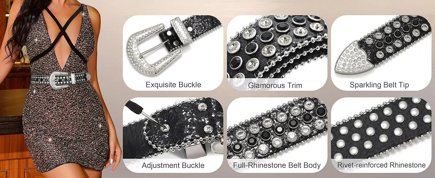 Black Strap With Black & Diamond White Studded Rhinestone BB Belt - Rhinestone Belt Store - Flyclothing LLC