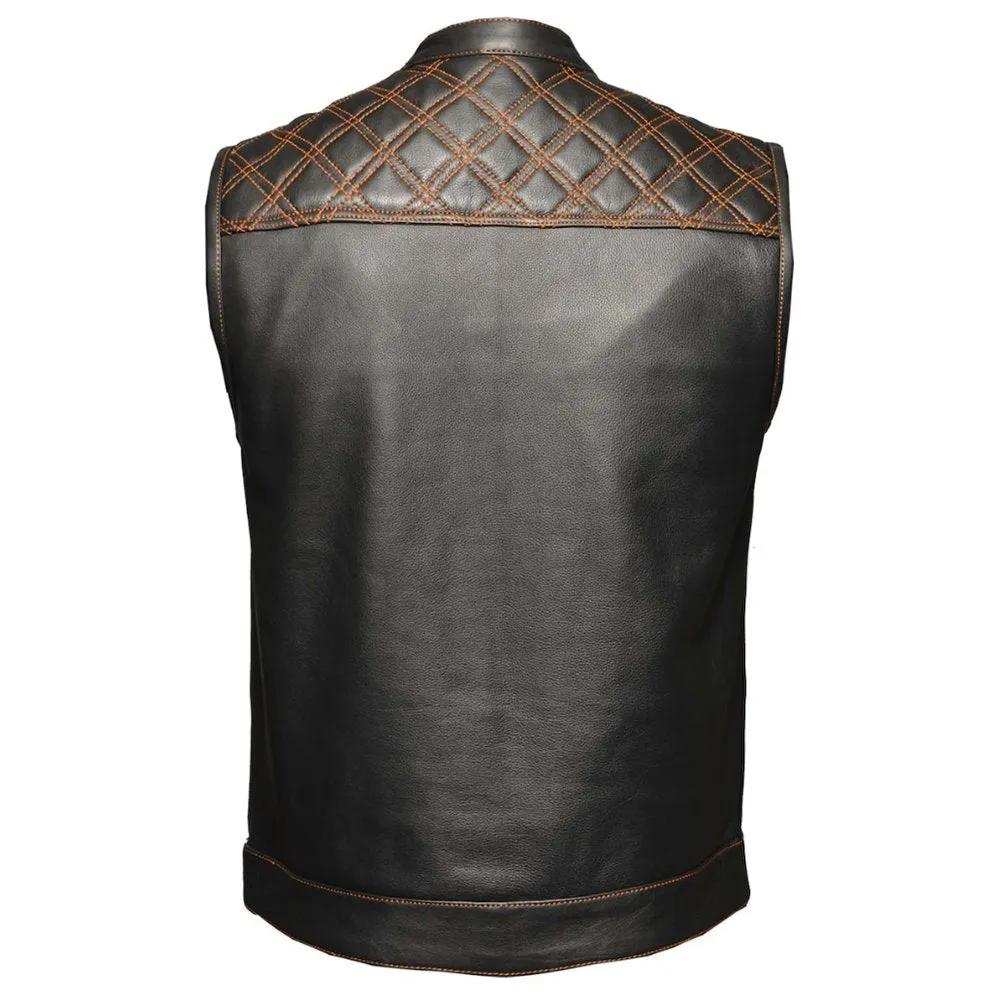 Orange Diamond - Mens Premium Leather Diamond Stitch Club Vest - Unik Just for Bikers - Flyclothing LLC