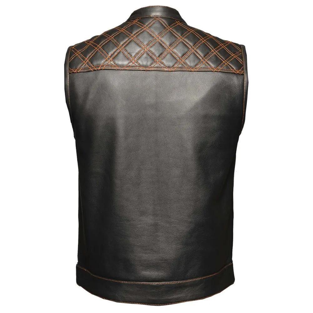 Orange Diamond - Mens Premium Leather Diamond Stitch Club Vest - Unik Just for Bikers - Flyclothing LLC