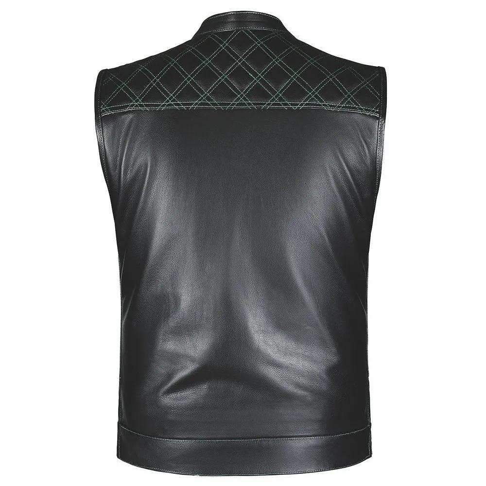Green Diamond - Unik Mens Premium Leather Diamond Stitch Club Vest - Unik Just for Bikers - Flyclothing LLC