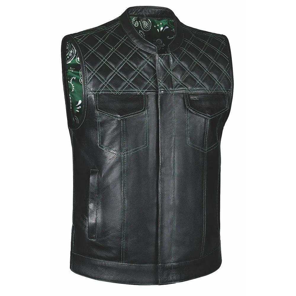 Green Diamond - Unik Mens Premium Leather Diamond Stitch Club Vest - Unik Just for Bikers - Flyclothing LLC